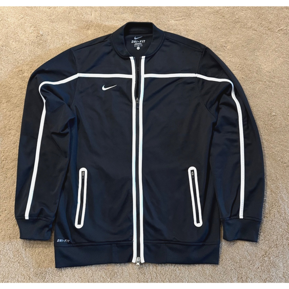 Nike Dri Fit Track Jacket Mens Black White Size Medium Zip Pockets Oversized